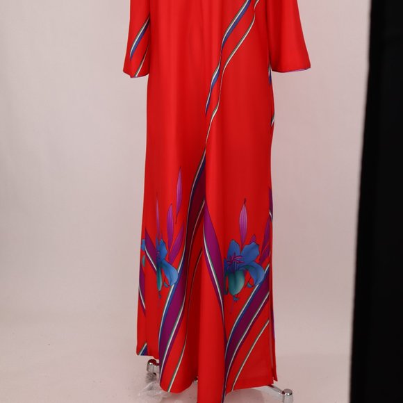 Vtg 70's Lisanne Floral Abstract Red Long Caftan Loungewear Nightgown Robe Asian - Picture 4 of 9